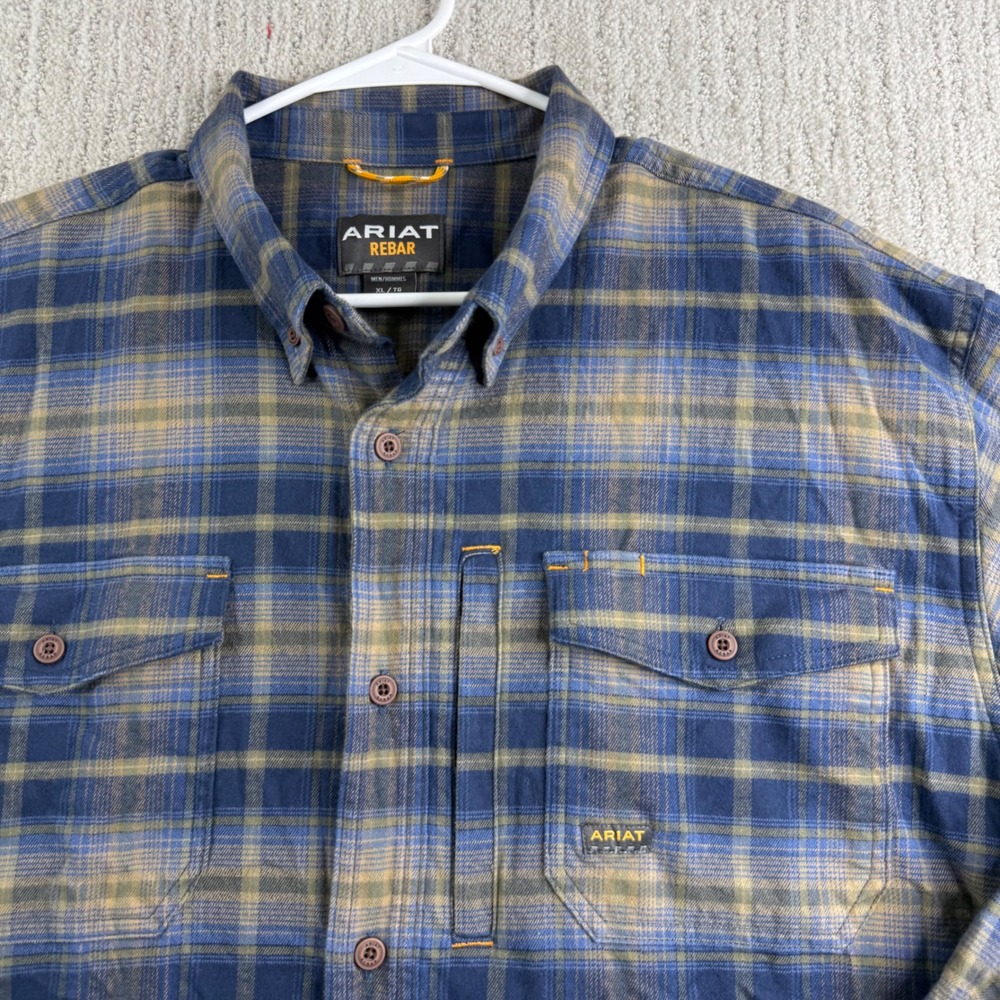 Ariat Rebar Flannel Mens XL Plaid Button Down Work Shirt Blue Tan Long Sleeve